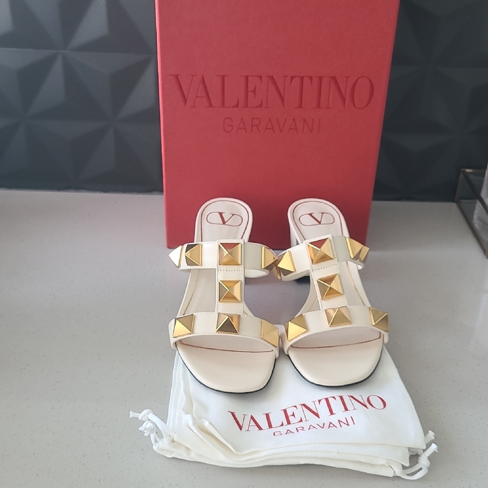 Valentino Garavani Gold and Cream Studded Sandals